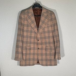 Vintage Kuppenheimer Designer Collection two-button brown and blue plaid blazer.